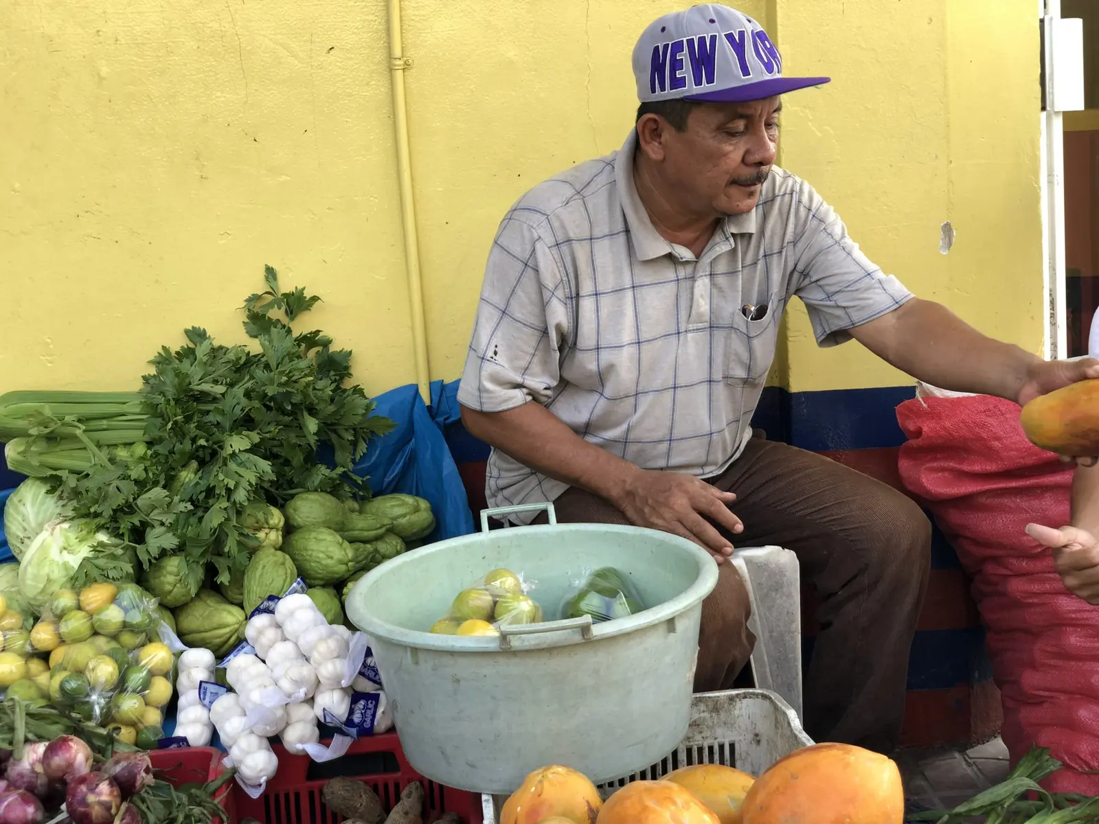 Vendedor de verduras en su puesto del mercado